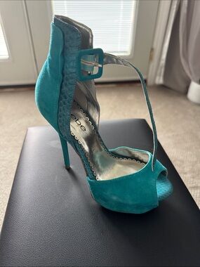 bebe Teal Suede Peep-Toe Ankle-Strap Stiletto